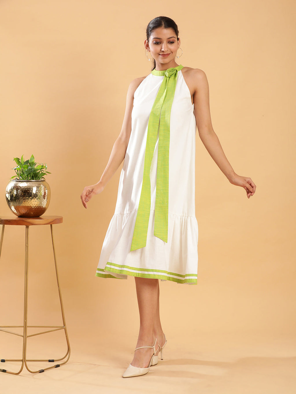 BohoJazz White linen Chic Dress with Lime Detailing - Distacart