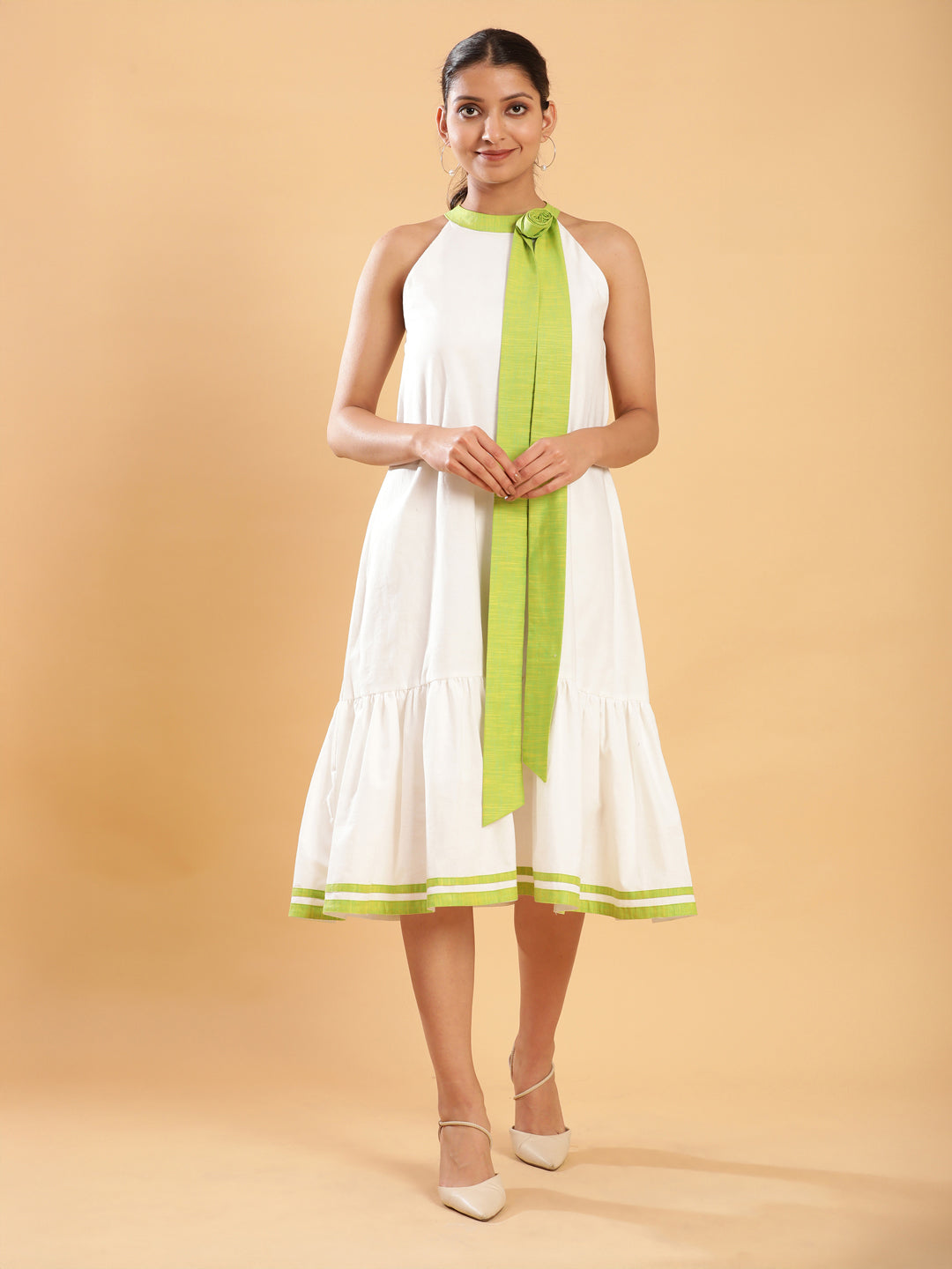 BohoJazz White linen Chic Dress with Lime Detailing - Distacart