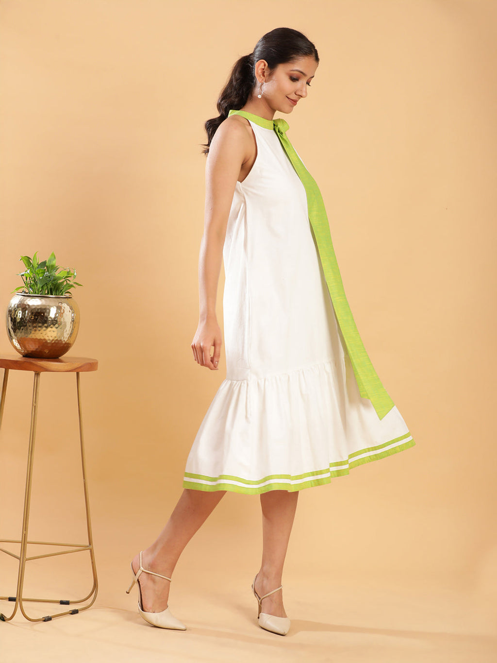 BohoJazz White linen Chic Dress with Lime Detailing - Distacart