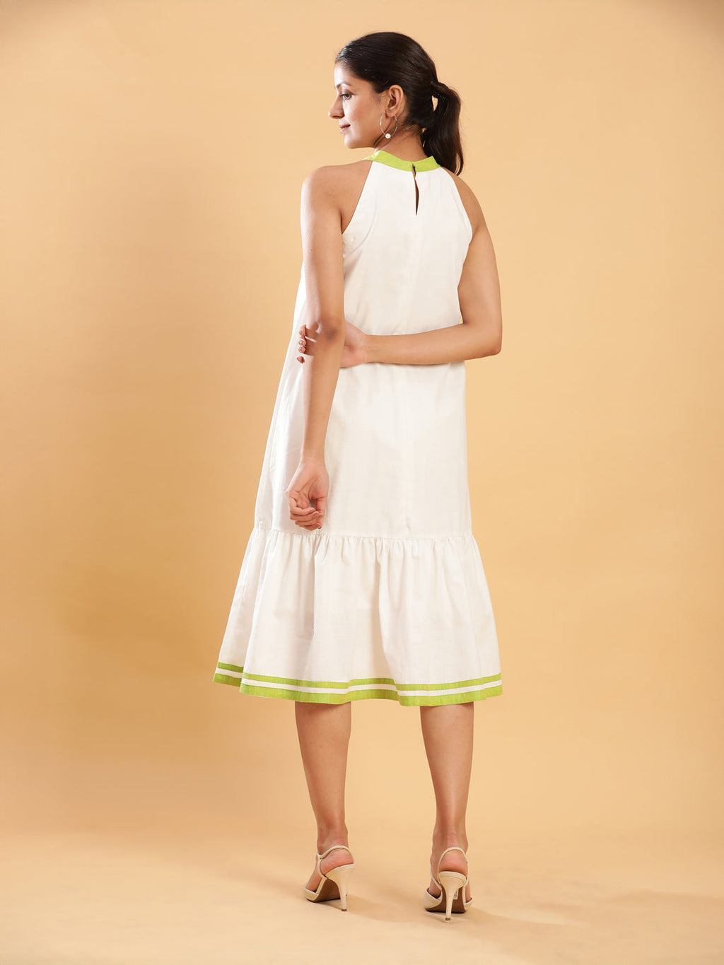 BohoJazz White linen Chic Dress with Lime Detailing - Distacart