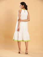 BohoJazz White linen Chic Dress with Lime Detailing - Distacart