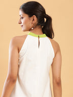BohoJazz White linen Chic Dress with Lime Detailing - Distacart