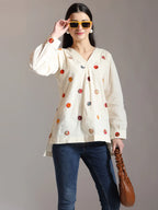 Yufta White Pure Cotton Applique Work Top