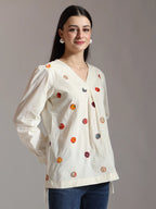 Yufta White Pure Cotton Applique Work Top