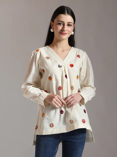Yufta White Pure Cotton Applique Work Top