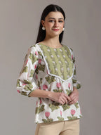 Yufta White Pure Cotton Top With Lace Detailings