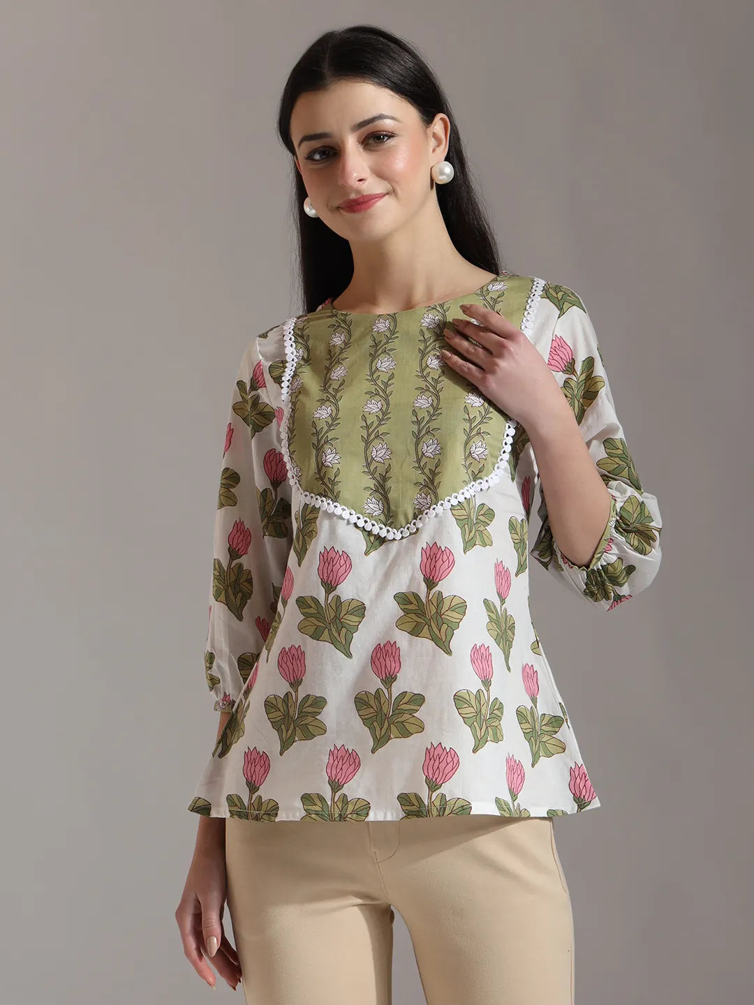 Yufta White Pure Cotton Top With Lace Detailings