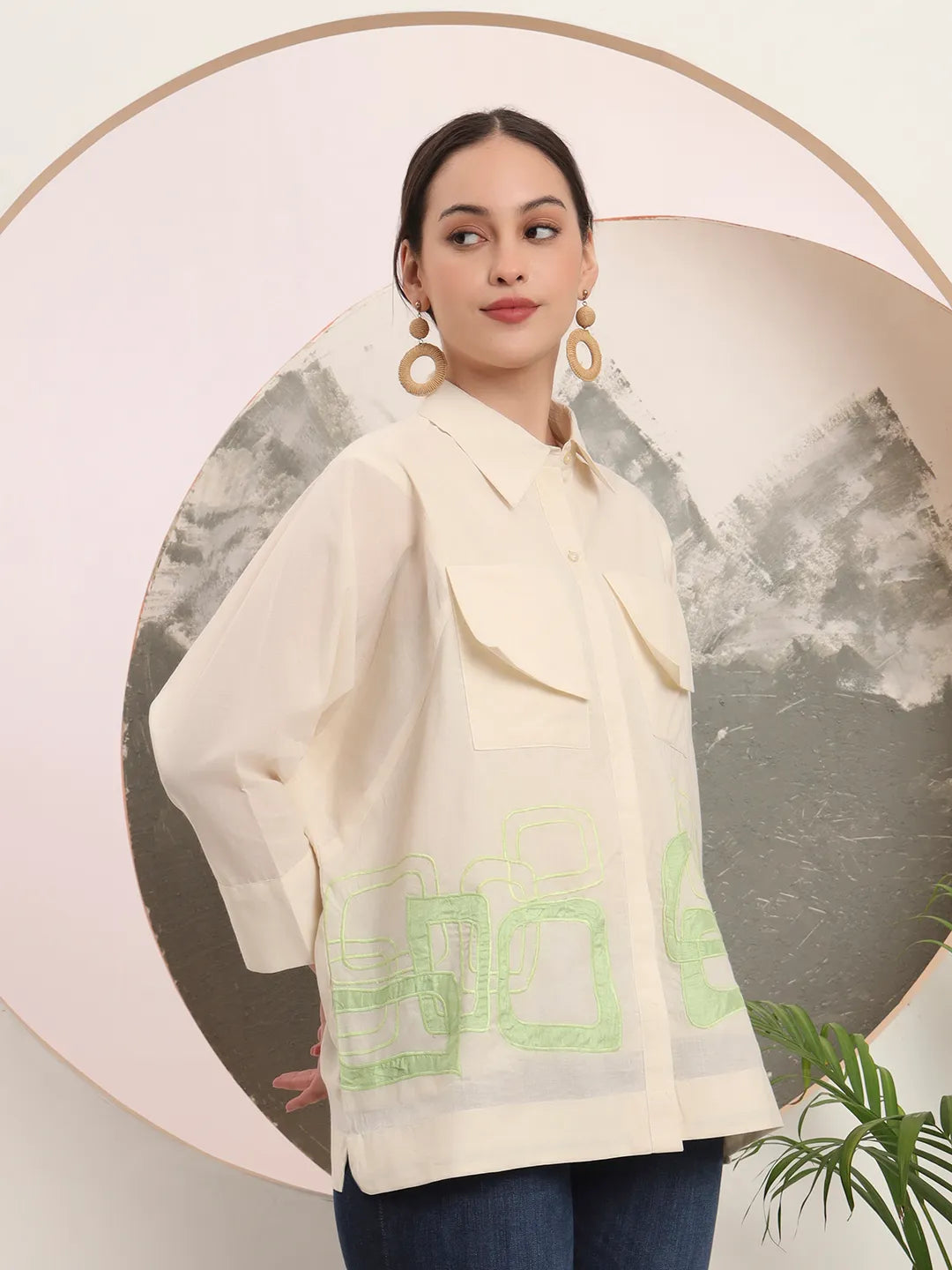 Yufta White Pure Cotton Top With Patch Work