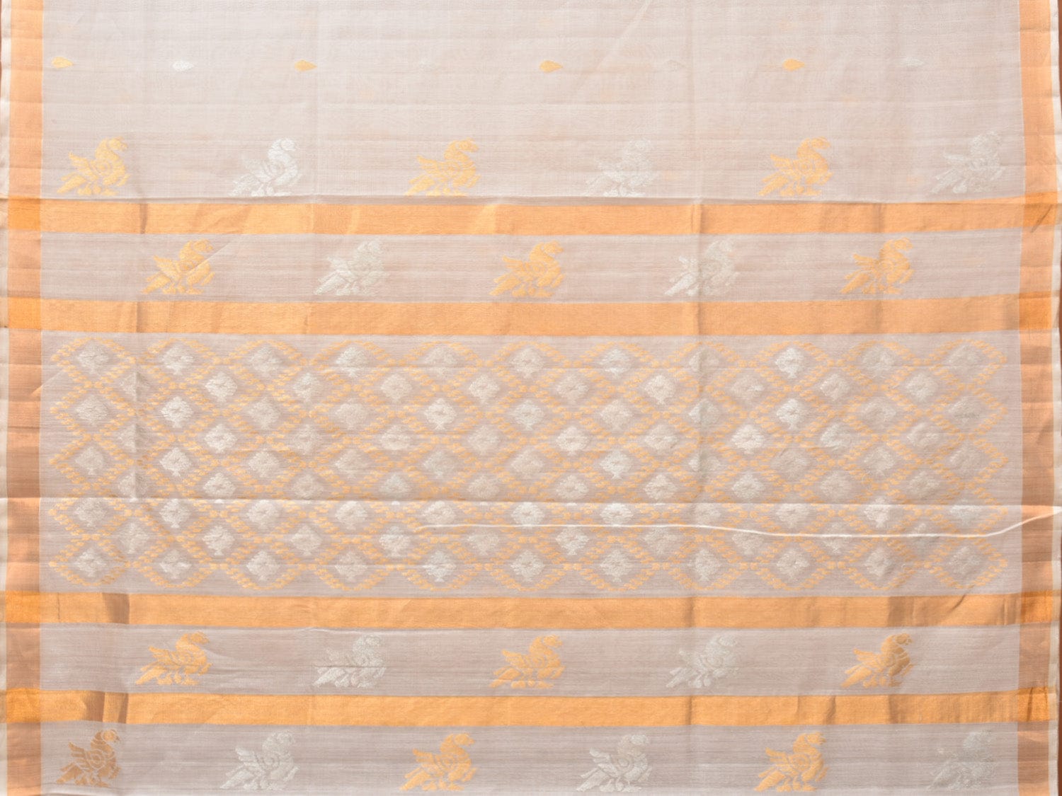 White Uppada Cotton Silk Handloom Saree with Hamsa Pallu Design - Global Threads