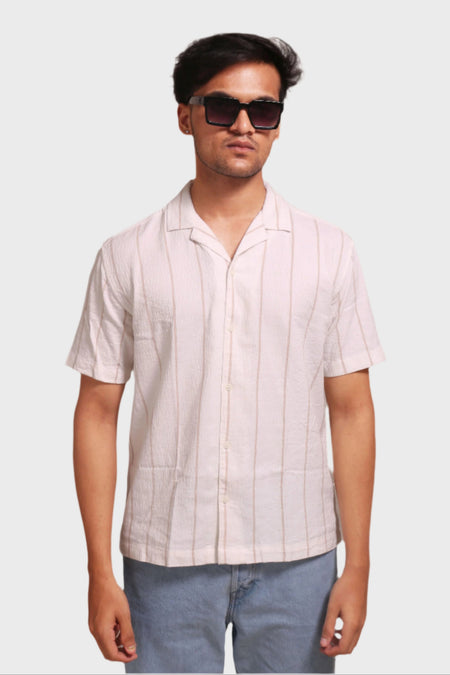Jonesburg Men's White Beige Stripes Textured Relaxed Fit Shirt