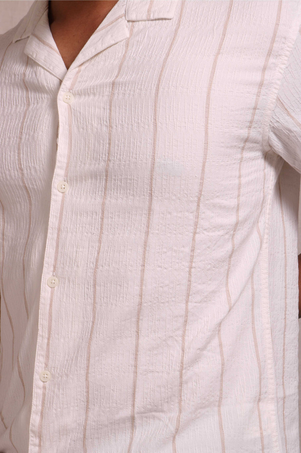 Jonesburg Men's White Beige Stripes Textured Relaxed Fit Shirt