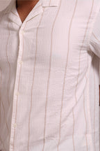 Jonesburg Men's White Beige Stripes Textured Relaxed Fit Shirt