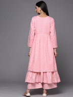 Ahalyaa Pink & Gold Ethnic Printed Layered Front Slit Cotton Anarkali Kurta Palazzos - Distacart