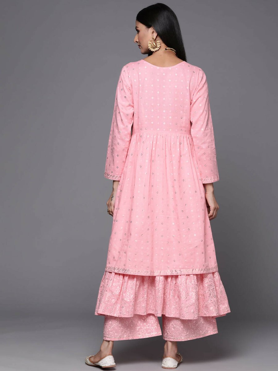 Ahalyaa Pink & Gold Ethnic Printed Layered Front Slit Cotton Anarkali Kurta Palazzos - Distacart