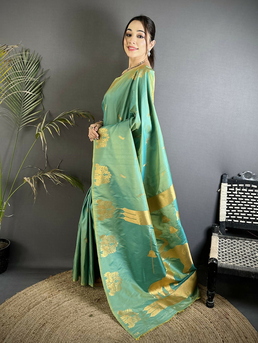 Joban Fashion Sea Green Motifs Zari Weaving Soft Silk Banarasi Saree