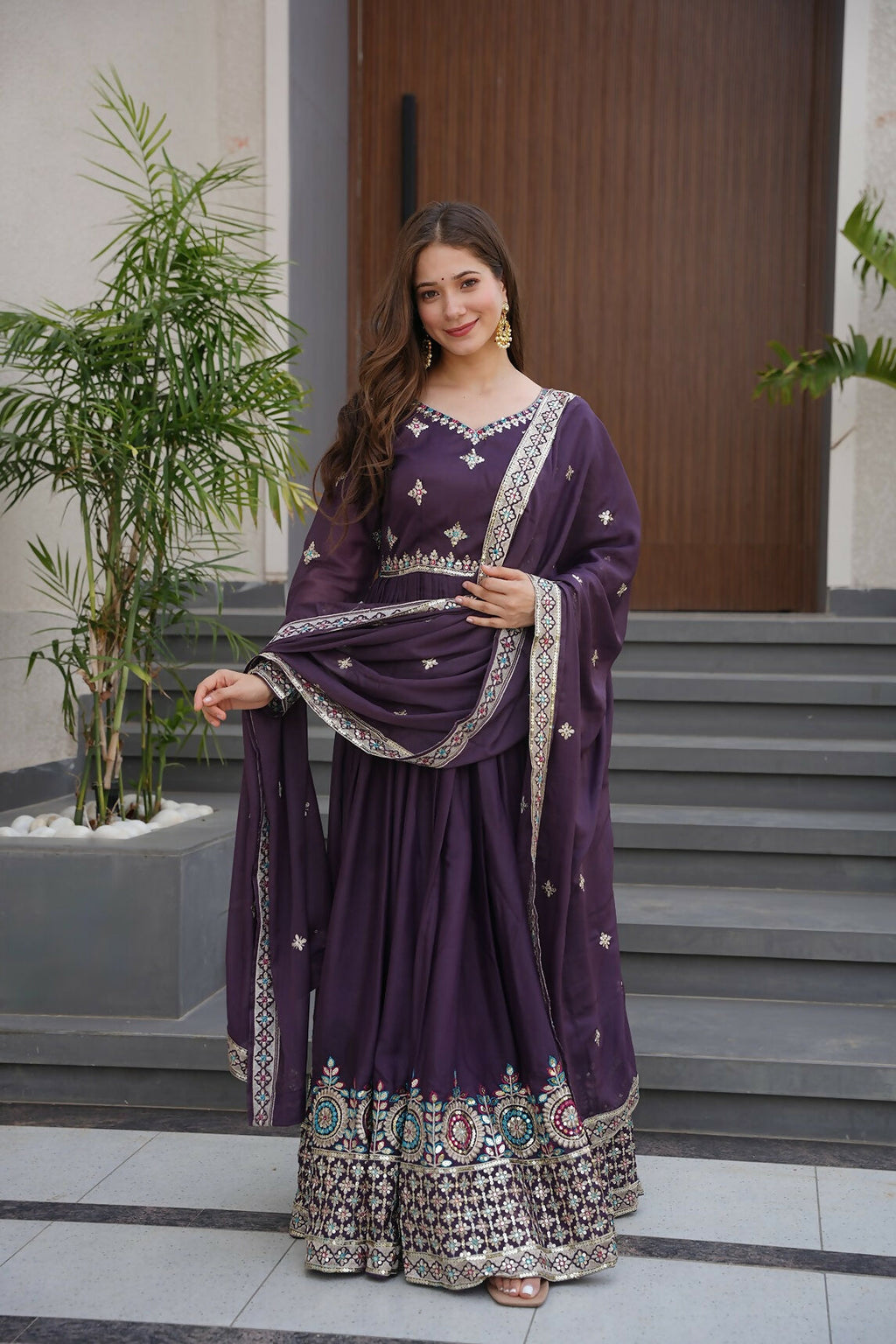 Teeya Creation Violet Color Pure Diamond Silk Wedding Wear Long Gown - Distacart