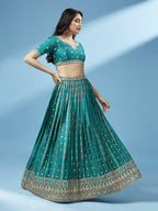 House of Panchhi Green Pure Georgette Sequins Embroidered Lehenga
