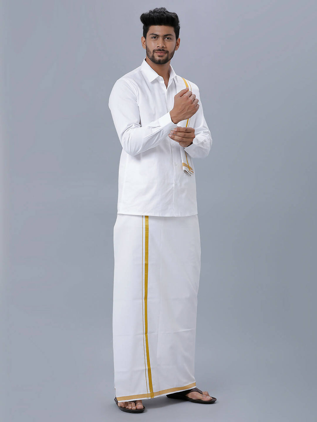 Ramraj Cotton Premium Wedding White Readymade Dhoti, Shirt & Towel Set Dhanvanthri