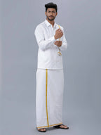 Ramraj Cotton Premium Wedding White Readymade Dhoti, Shirt & Towel Set Dhanvanthri