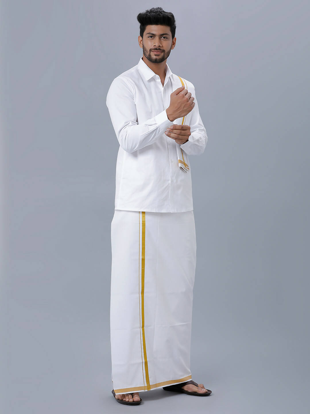 Ramraj Cotton Premium Wedding White Readymade Dhoti, Shirt & Towel Set Dhanvanthri