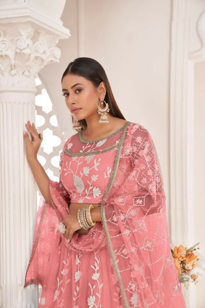 Aastha Fashion Gajari Butterfly Net White Cotton Thread Work, Zari Work And Sandwich Sequence Work Embroidery Wedding Wear Lehenga Choli