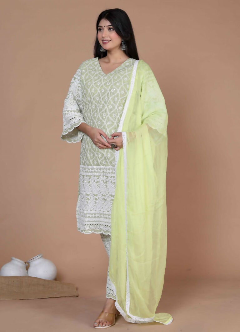 Miravan Women's Chikankari Embroidery Kurta And Palazzo With Dupatta