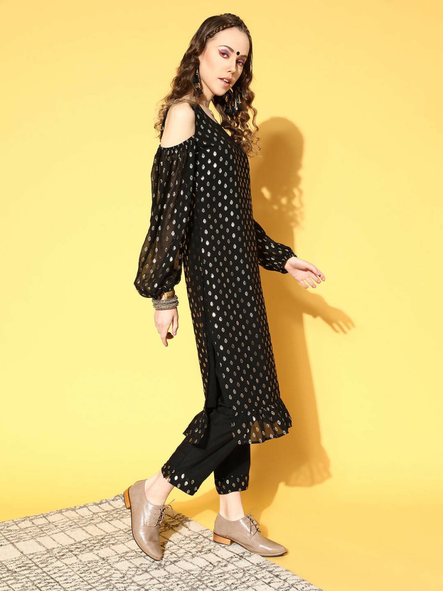 Ahalyaa Women Black Colour Georgette Gold Foil Printed Kurta Pant Set - Distacart