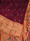 Wine Paithani Silk Handloom Saree with Pallu and Triple Muniya Border Design - Global Threads