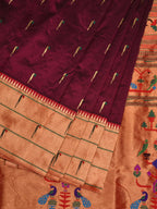 Wine Paithani Silk Handloom Saree with Pallu and Triple Muniya Border Design - Global Threads