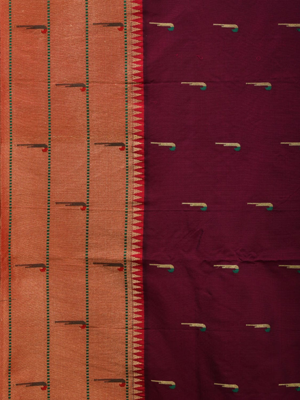 Wine Paithani Silk Handloom Saree with Pallu and Triple Muniya Border Design - Global Threads