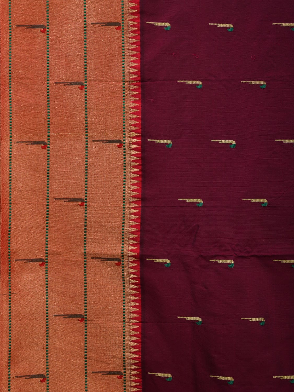 Wine Paithani Silk Handloom Saree with Pallu and Triple Muniya Border Design - Global Threads