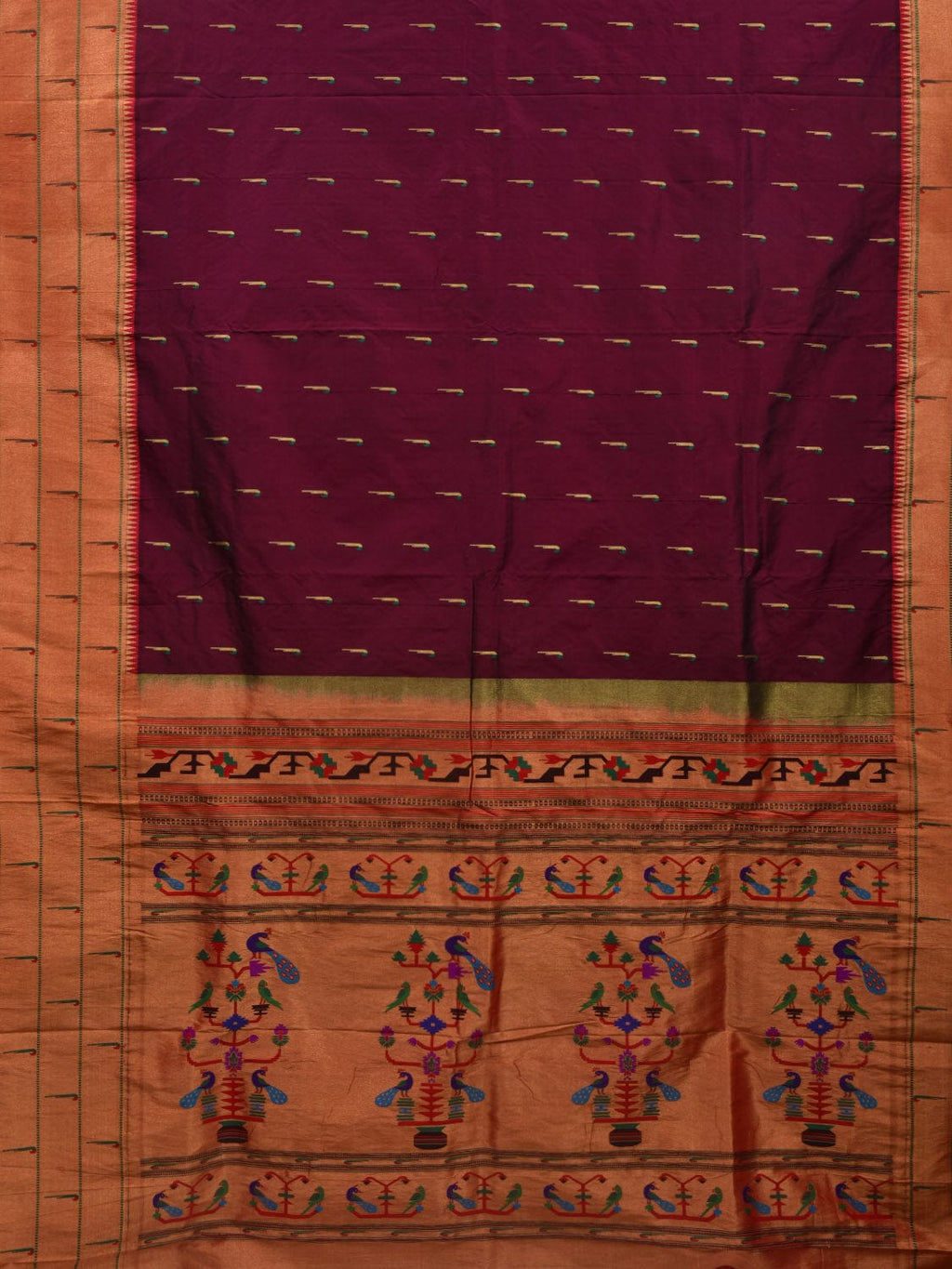 Wine Paithani Silk Handloom Saree with Pallu and Triple Muniya Border Design - Global Threads