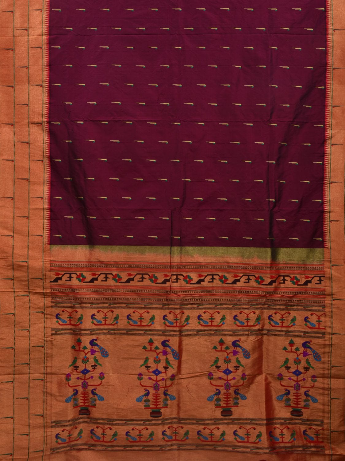 Wine Paithani Silk Handloom Saree with Pallu and Triple Muniya Border Design - Global Threads