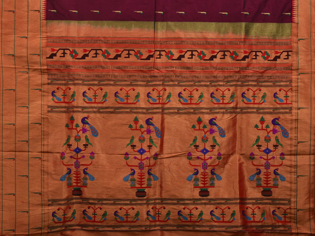 Wine Paithani Silk Handloom Saree with Pallu and Triple Muniya Border Design - Global Threads