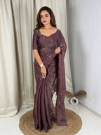 Evanik Wine Glass Satin Jecquard Weaving With Thread Sequence Work Saree With Blouse - Distacart
