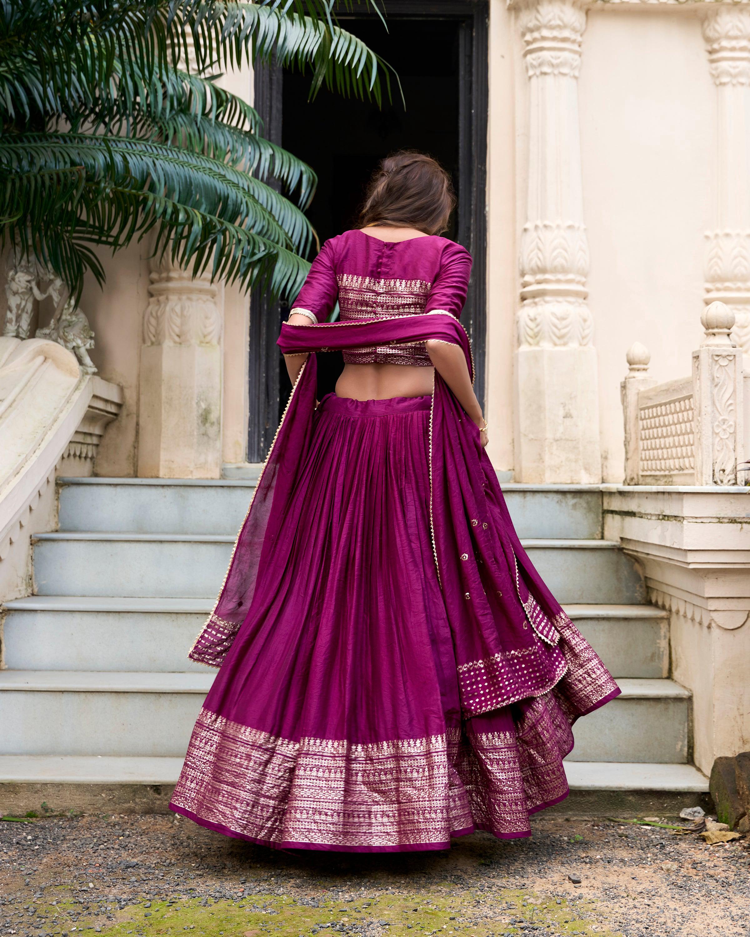 Evanik Women Pure Chanderi Plain With Zari Weaving Work Border Stitched Lehenga With Unstitched Blouse Dupatta(Up to 42) - Distacart