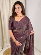 Evanik Wine Glass Satin Jecquard Weaving With Thread Sequence Work Saree With Blouse - Distacart