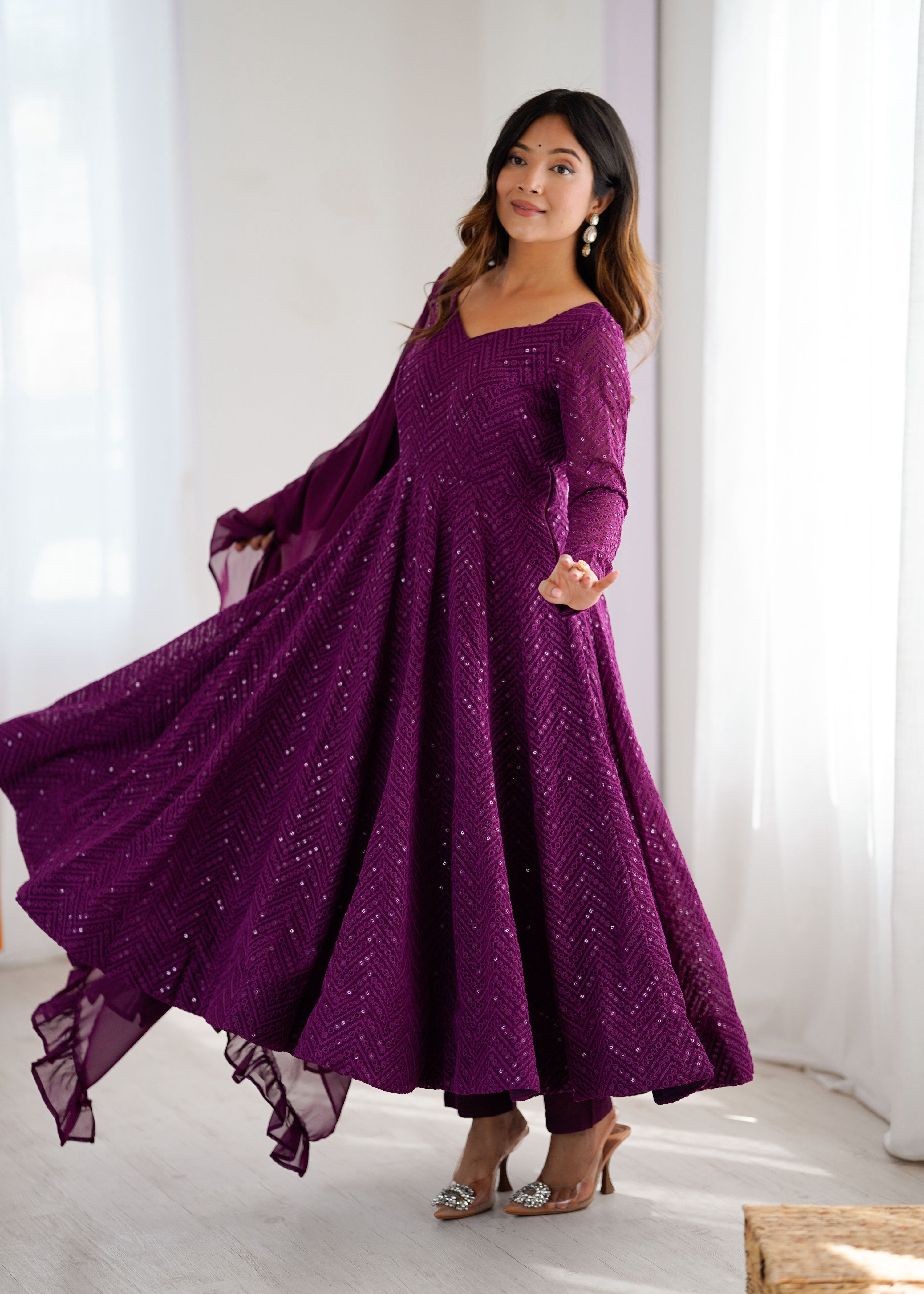 Evanik Wine Heavy Faux Georgette With Lucknowi Work Anarkali Suit - Distacart