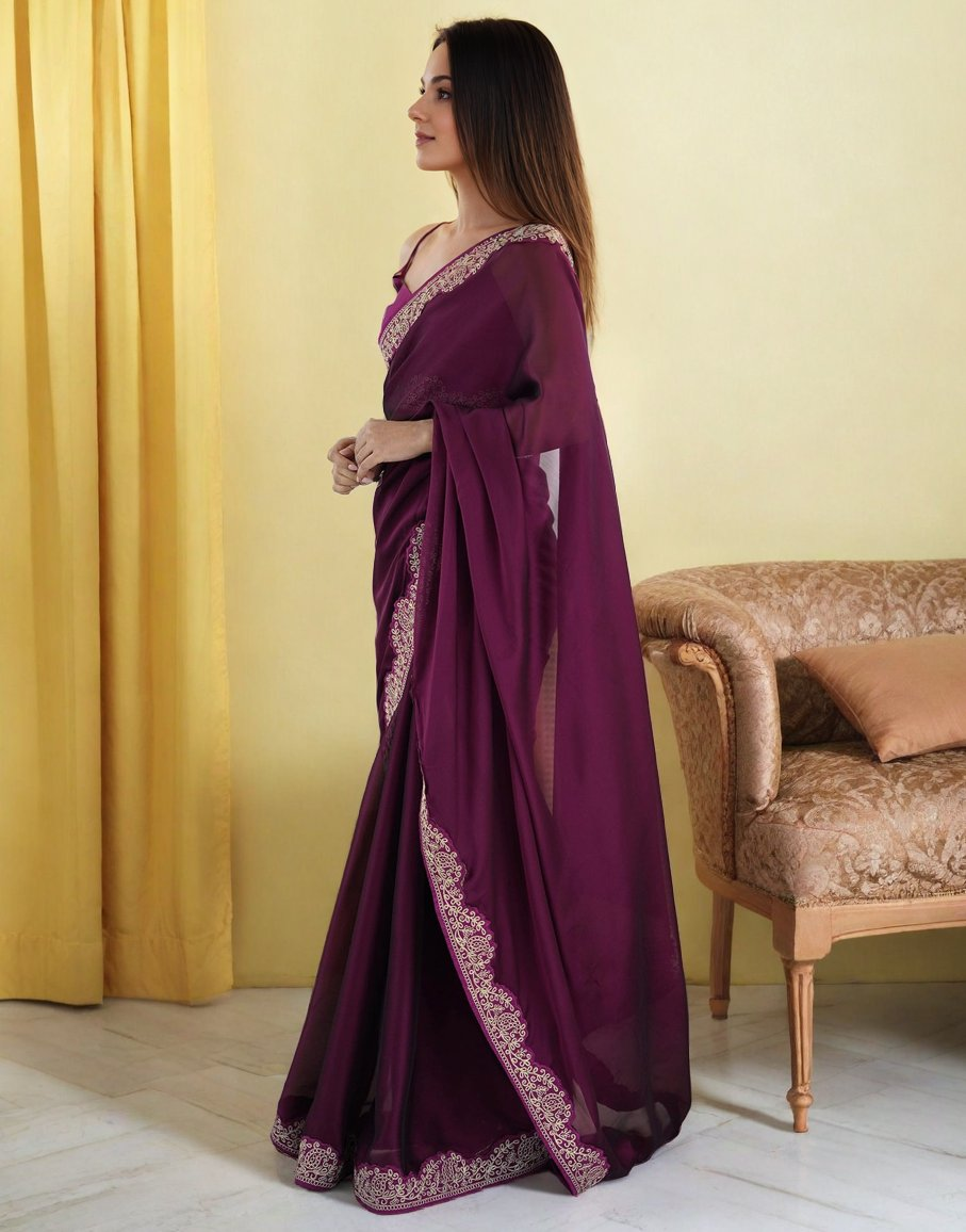 Lorenvalley Fashion Wine Rangoli Silk with Coding Lace Work Saree with Blouse - Distacart