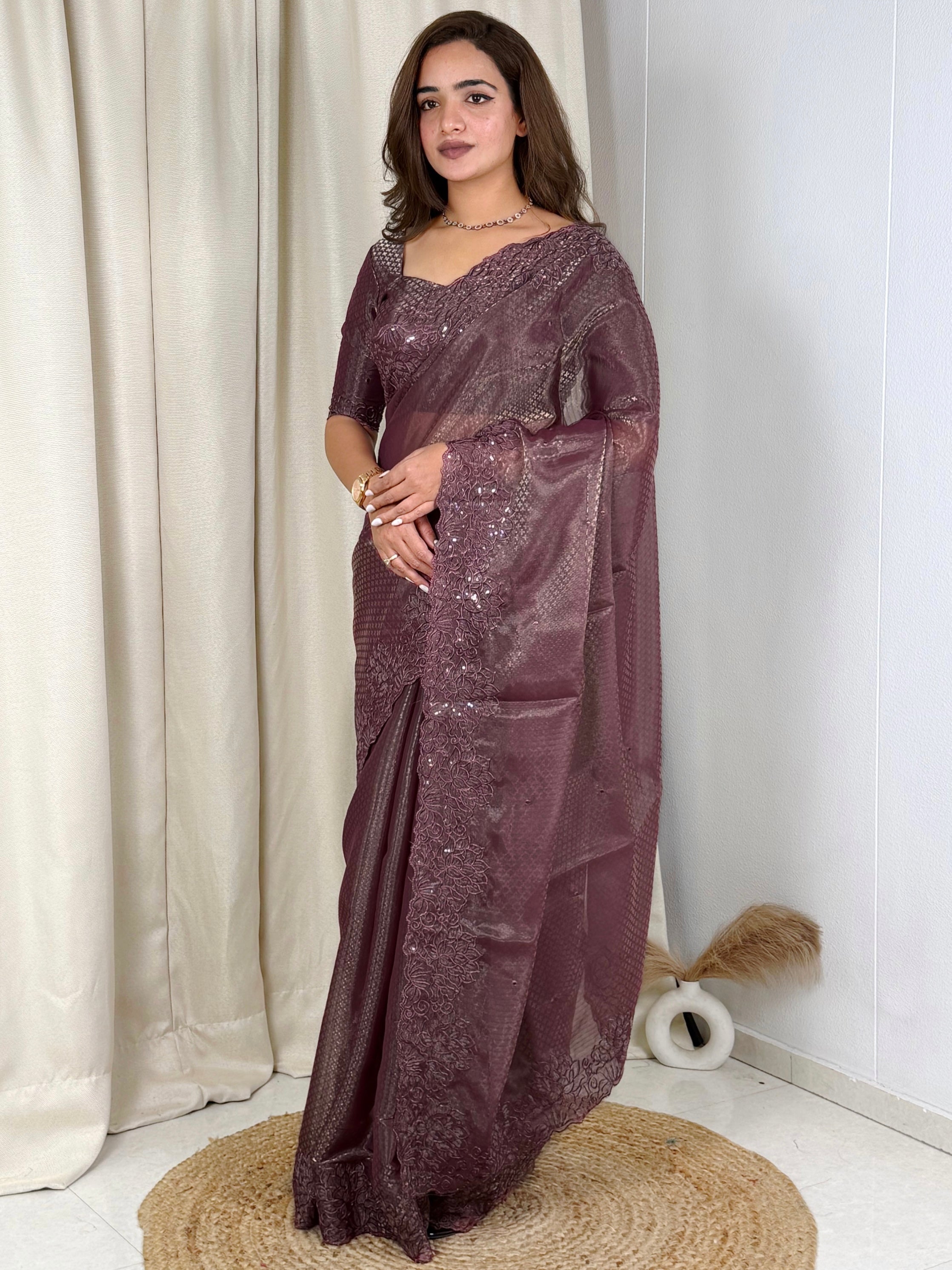Evanik Wine Glass Satin Jecquard Weaving With Thread Sequence Work Saree With Blouse - Distacart