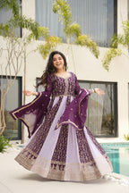 Evanik Wine Faux Georgette With Zari & Sequins Embroidered work Wedding Gown - Distacart