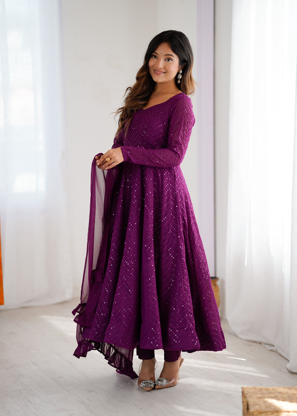 Evanik Wine Heavy Faux Georgette With Lucknowi Work Anarkali Suit - Distacart