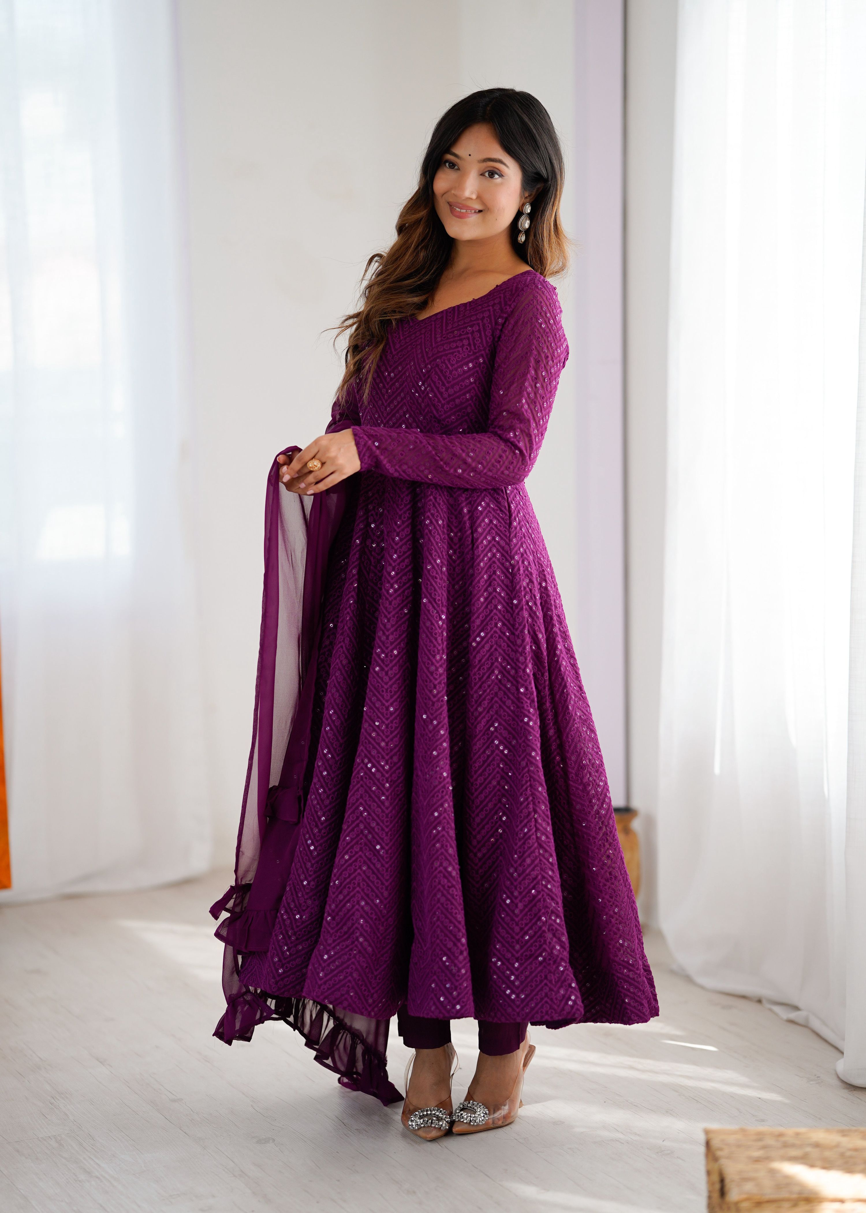 Evanik Wine Heavy Faux Georgette With Lucknowi Work Anarkali Suit - Distacart
