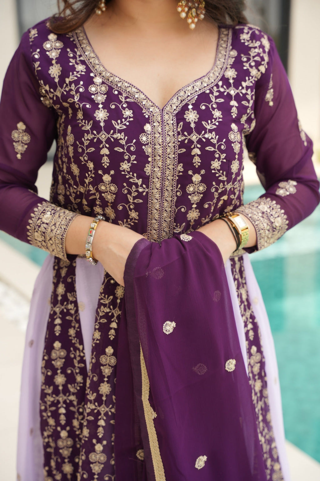 Evanik Wine Faux Georgette With Zari & Sequins Embroidered work Wedding Gown - Distacart