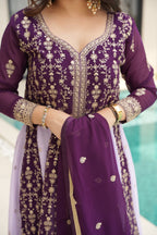 Evanik Wine Faux Georgette With Zari & Sequins Embroidered work Wedding Gown - Distacart
