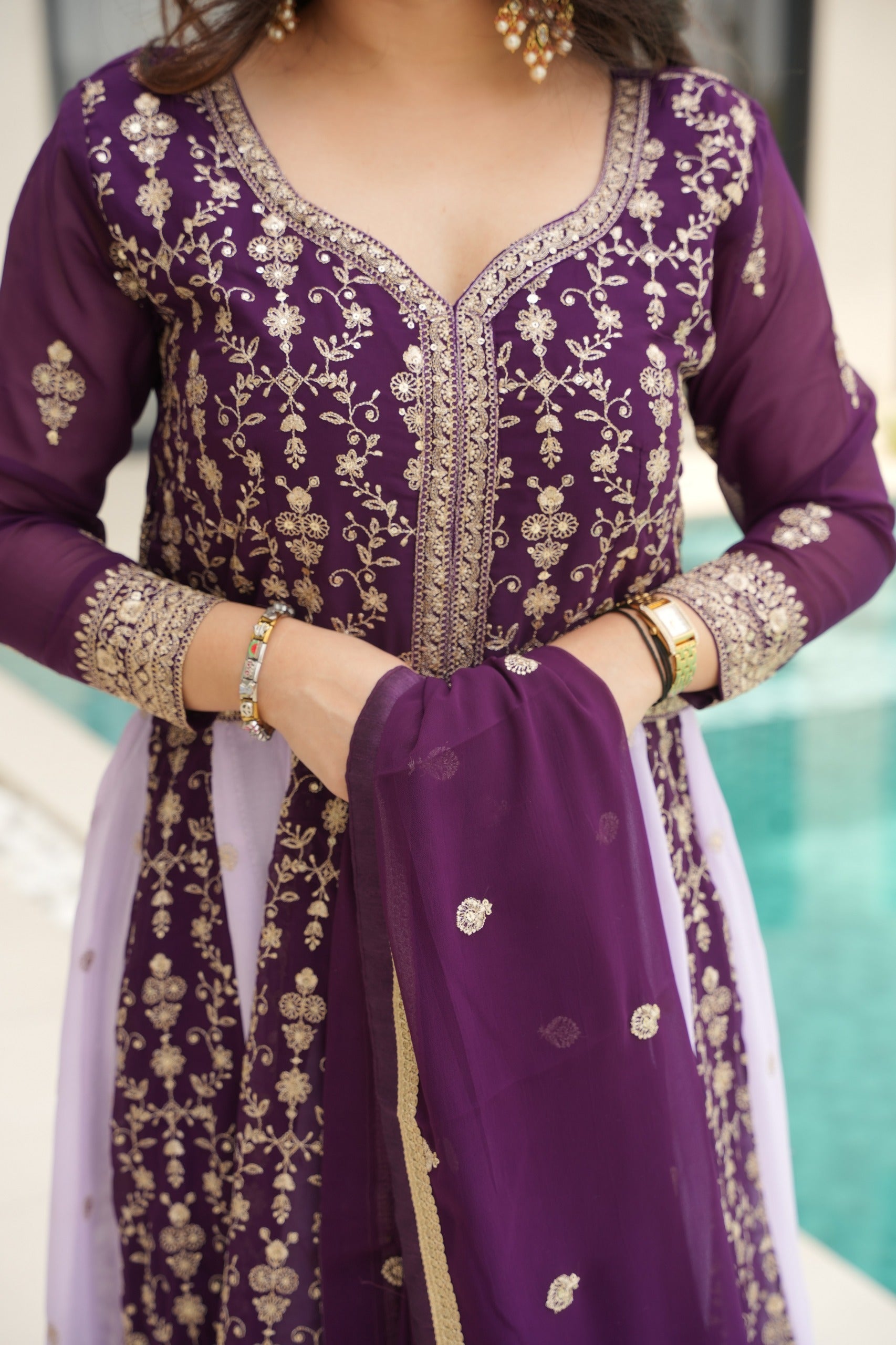 Evanik Wine Faux Georgette With Zari & Sequins Embroidered work Wedding Gown - Distacart