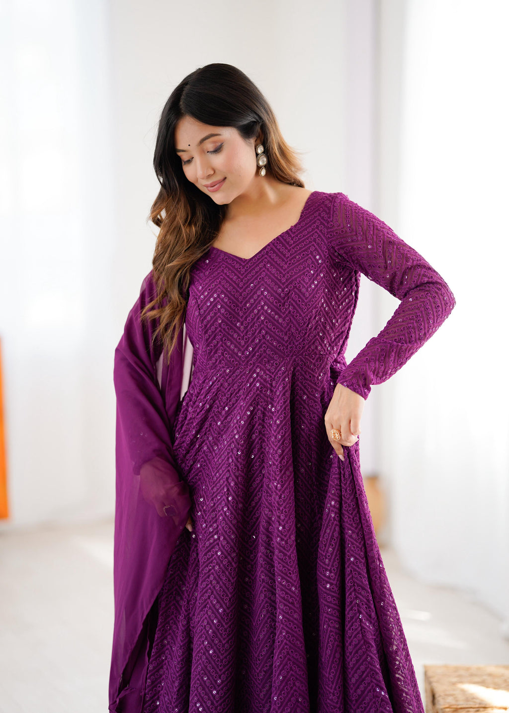 Evanik Wine Heavy Faux Georgette With Lucknowi Work Anarkali Suit - Distacart
