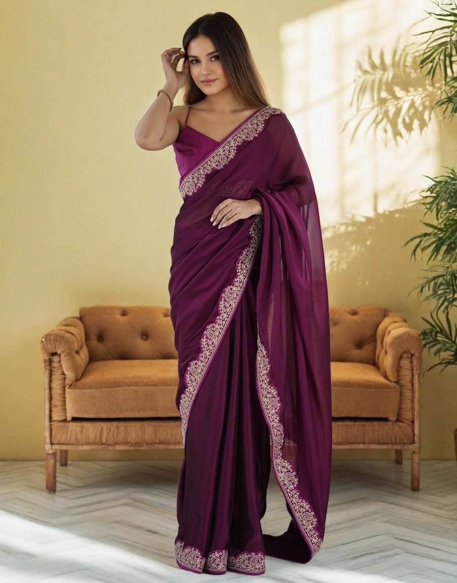 Lorenvalley Fashion Wine Rangoli Silk with Coding Lace Work Saree with Blouse - Distacart