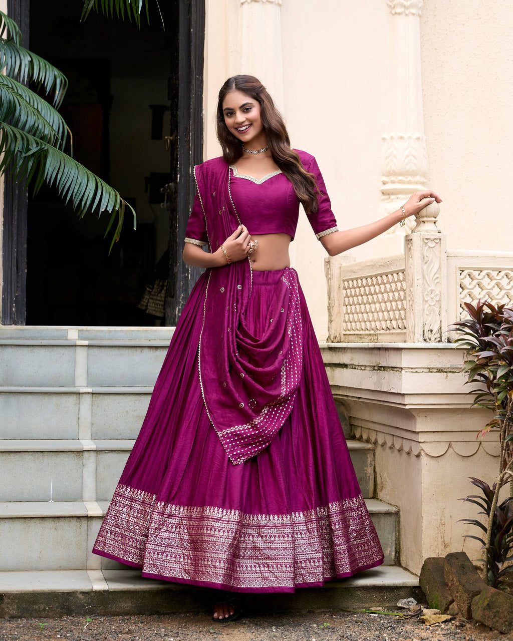 Evanik Women Pure Chanderi Plain With Zari Weaving Work Border Stitched Lehenga With Unstitched Blouse Dupatta(Up to 42) - Distacart