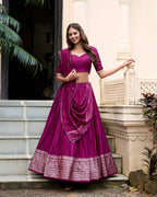 Evanik Women Pure Chanderi Plain With Zari Weaving Work Border Stitched Lehenga With Unstitched Blouse Dupatta(Up to 42) - Distacart